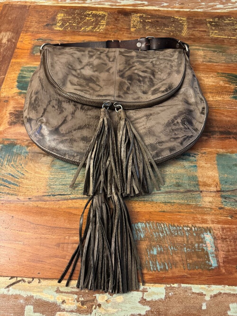 Allsaints Spitalfields Distressed Taupe Leather Tassel Hobo Bag Shoulder Purse